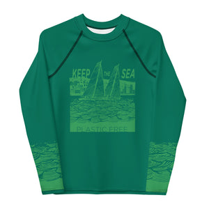 Boatbranding Rash Guard Sailing design Youth unisex Rash Guard - Long Sleeve "Keep the sea plastic free" Sailing-Gift Regatta Yacht Sailing-Lifestyle Sailing-Apparel Nautical-Fashion Nautical-Gear